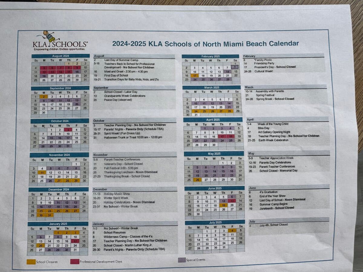KLA Schools of North Miami Beach 2024-2025 calendar - a dense school year calendar with dozens of events, closures, and special days